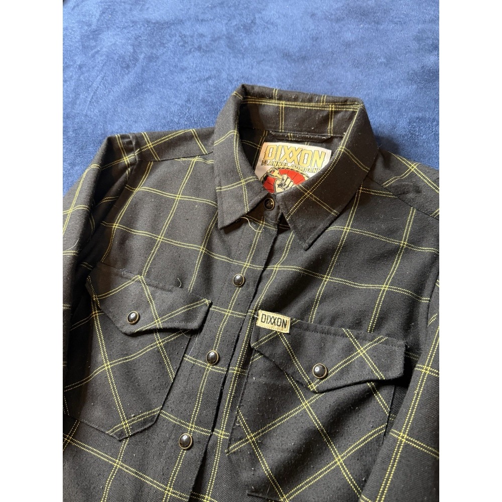 Y2K Dixxon Stay Gold Shirt Mens Small Black Yellow Flannel Long Sleeve Pearlsnap